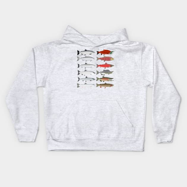 Pacific Ocean Salmon - Ocean and Spawn Stages Kids Hoodie by FishFolkArt